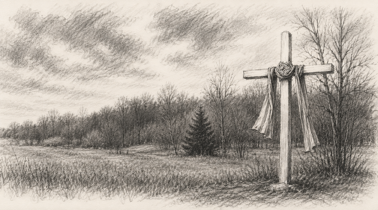 A charcoal drawing of a cross draped with cloth standing in a winter pasture.